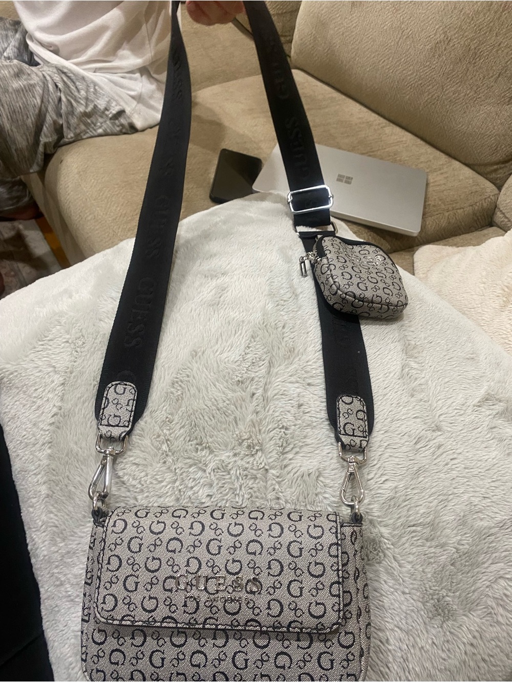 Guess Beige/Black Logo Crossbody with Adjustable Strap and Pouch